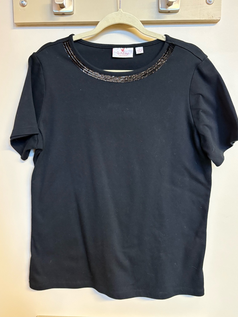 Quaker Factory Black Short Sleeve Tee with Sequin Neckline Accent